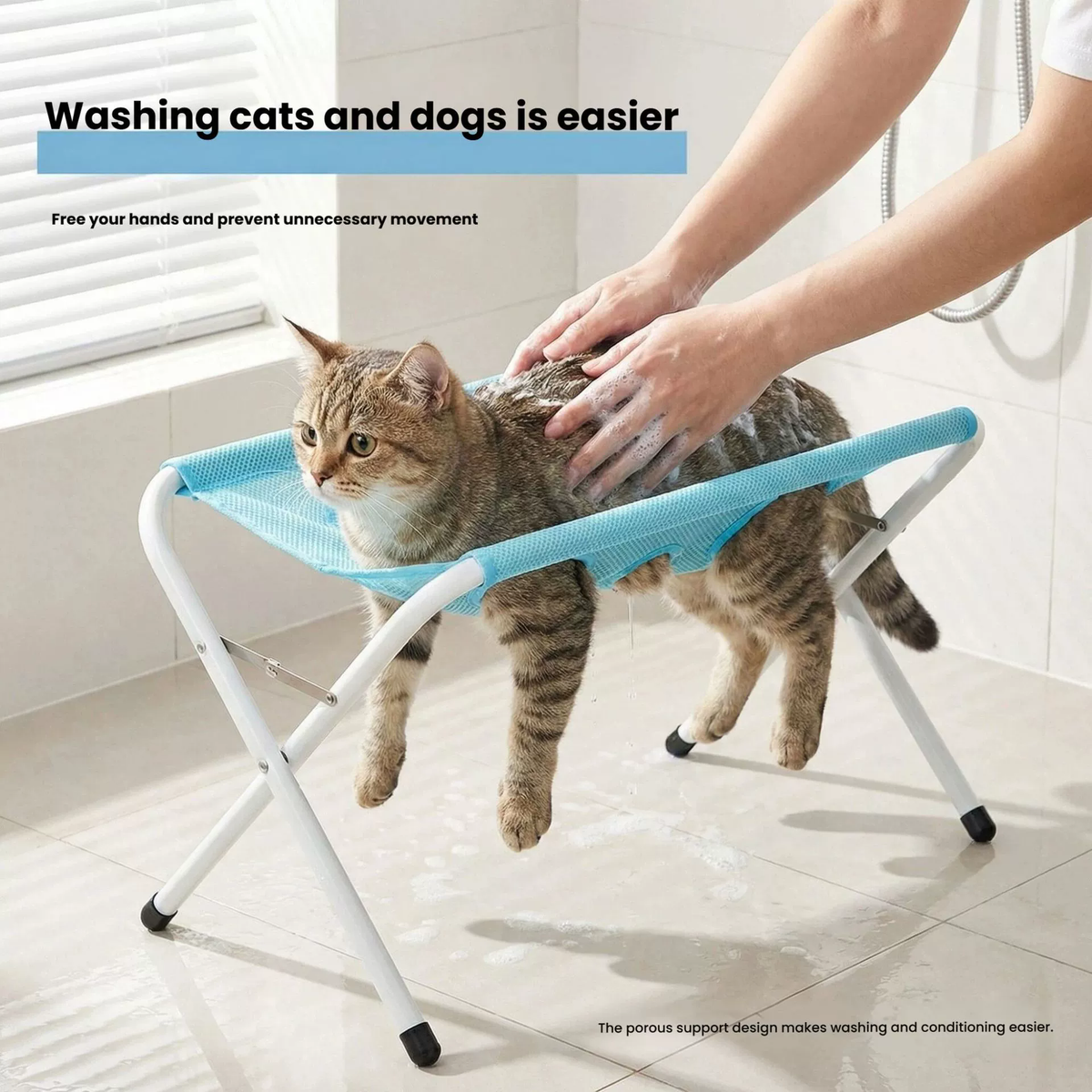 Portable Foldable Hands Free Stainless Steel Frame Breathable Mesh Support Pet Shower Rack Cat Dog Bathing Stand for Bathing Waverit