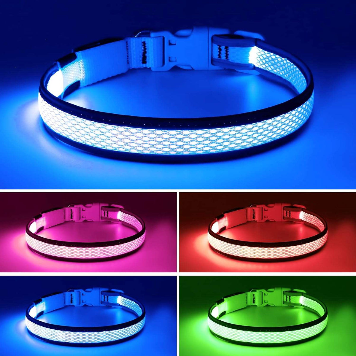 Reflective Dog Collar Adjustable, Light up Striped, Glowing for Night Safety Sturdy Collar for All Dogs Waverit