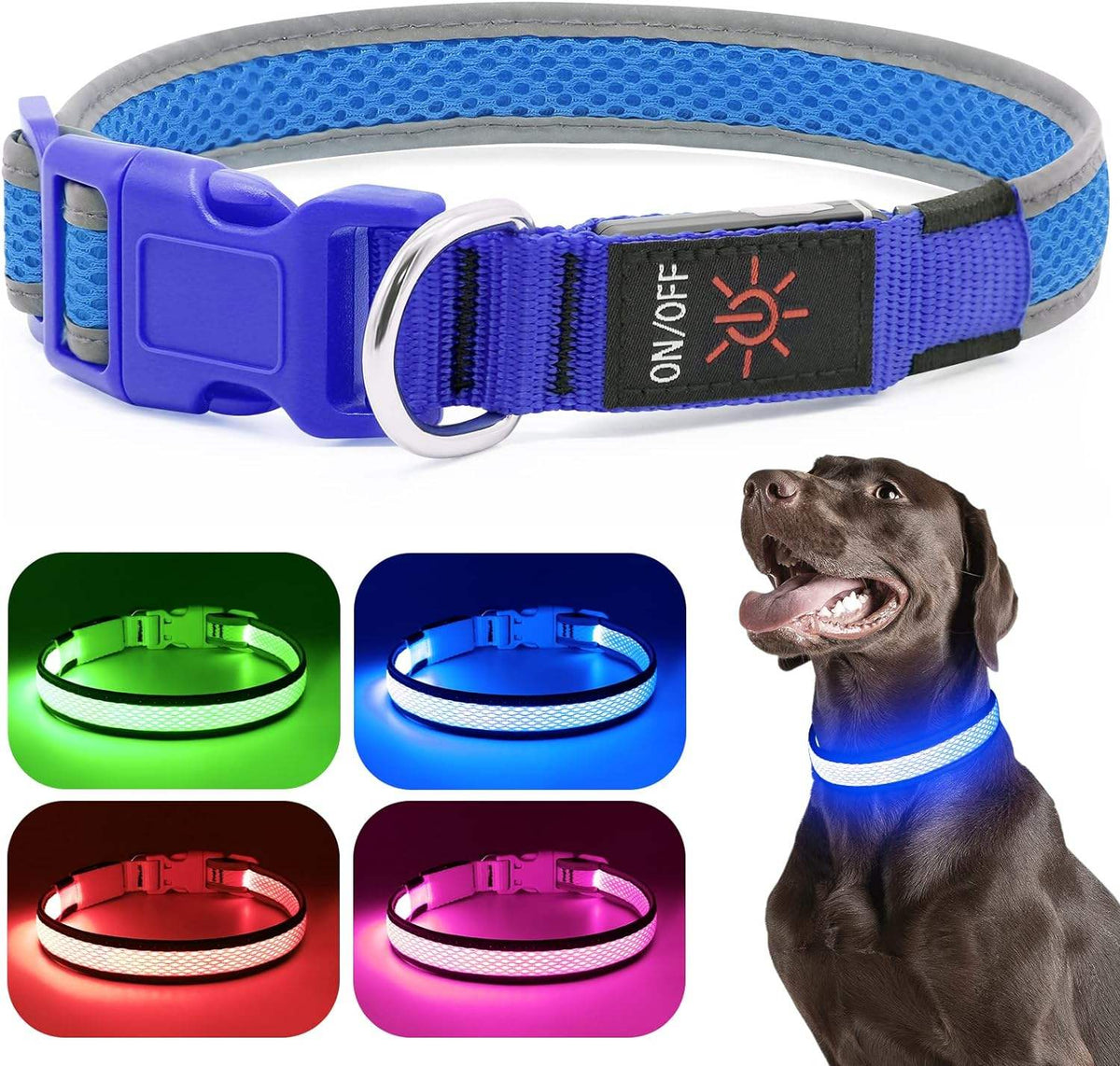 Reflective Dog Collar Adjustable, Light up Striped, Glowing for Night Safety Sturdy Collar for All Dogs Waverit