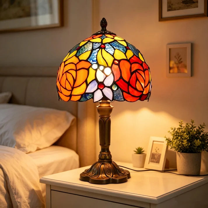 Rose Flower Stained Glass Table Lamp, Elegant Beside Light Lamp for Livingroom, Bedroom Waverit