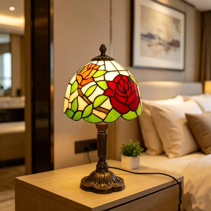 Rose Flower Stained Glass Table Lamp, Elegant Beside Light Lamp for Livingroom, Bedroom Waverit